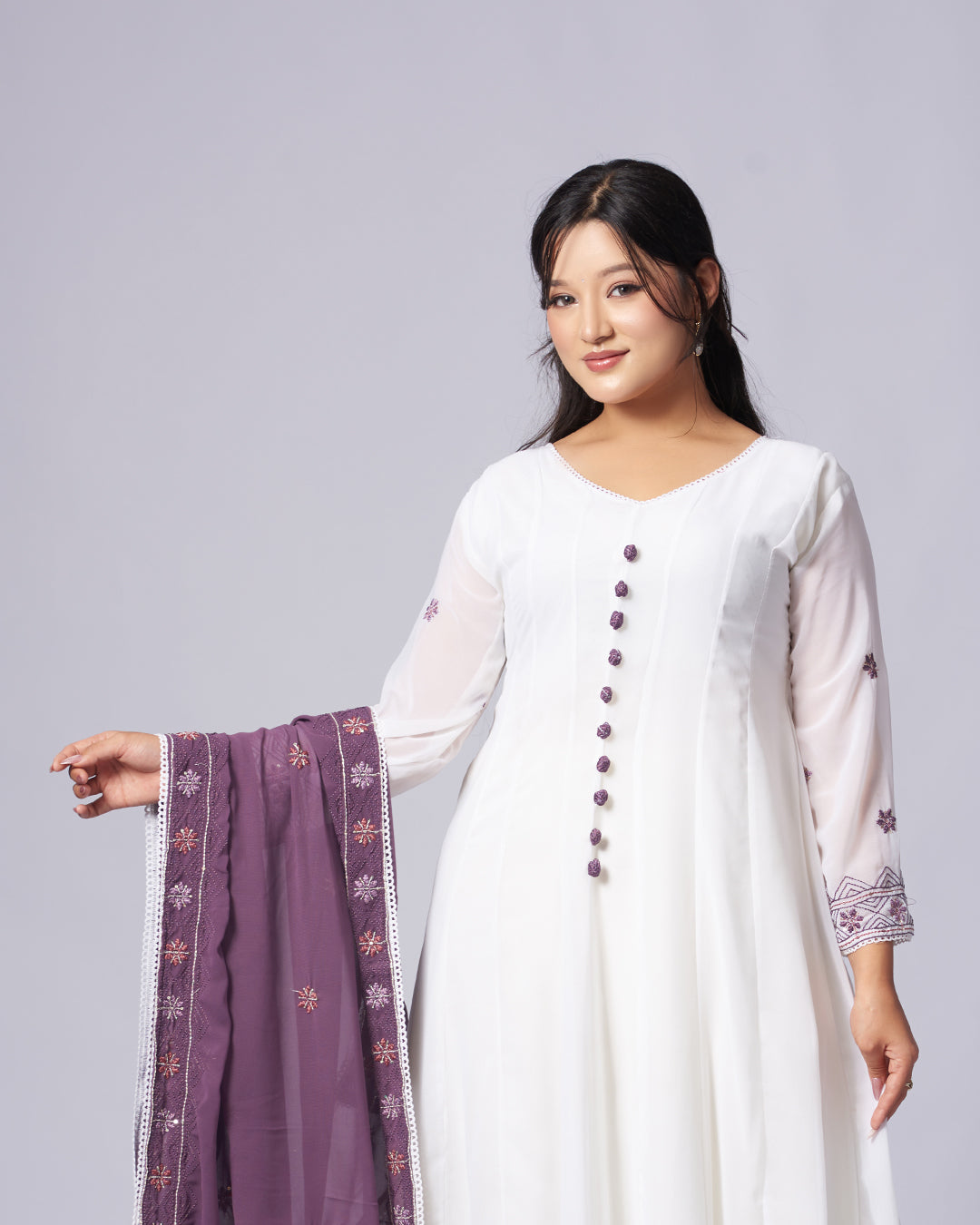 Plum Whisper – White Anarkali Kurthi Set