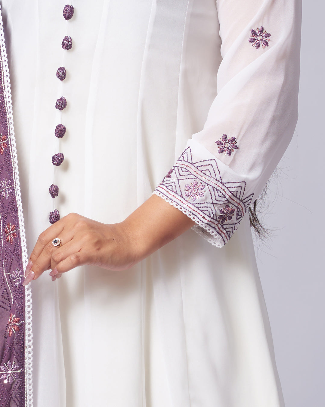 Plum Whisper – White Anarkali Kurthi Set