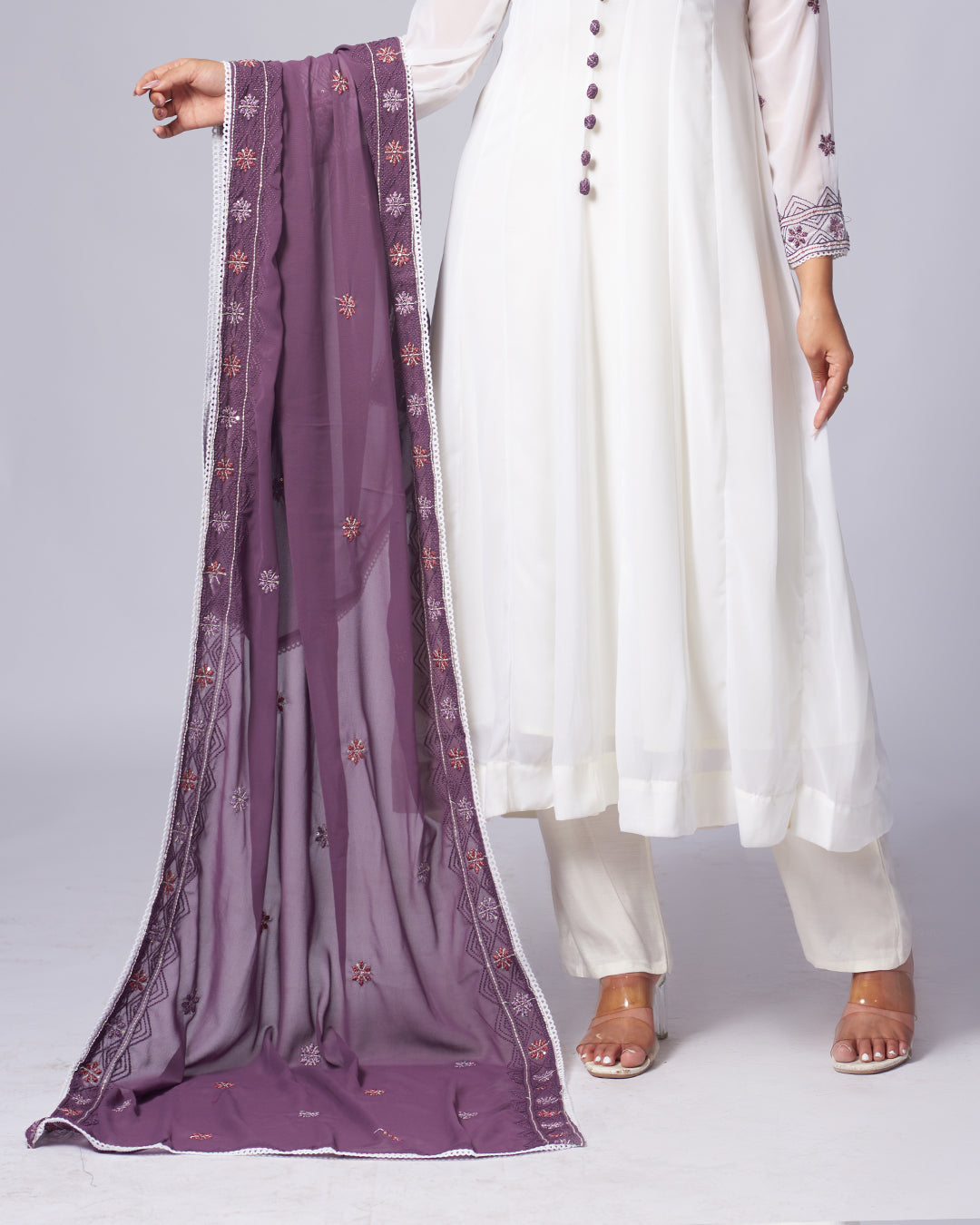 Plum Whisper – White Anarkali Kurthi Set