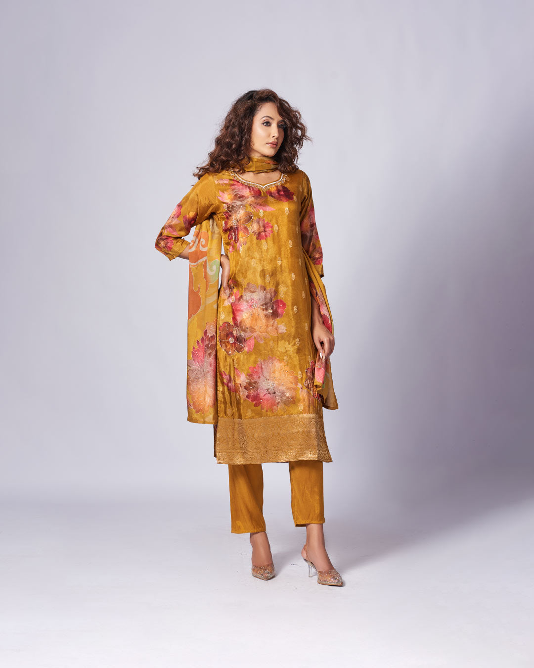 Golden Floral Elegance Kurthi Set 