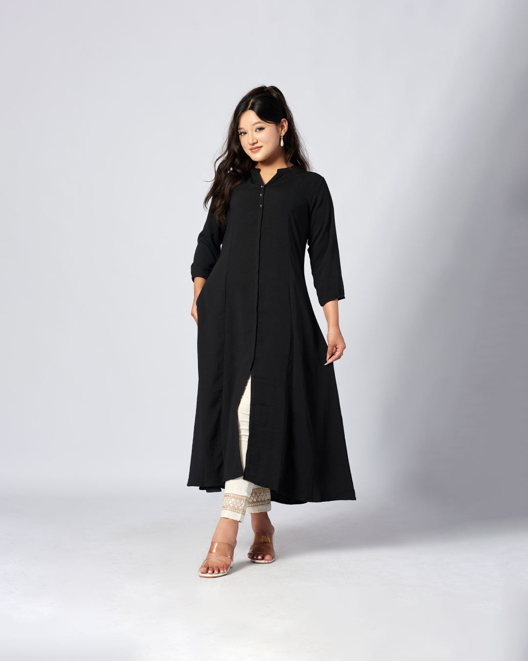 Midnight Grace – Solid Black Long Kurthi