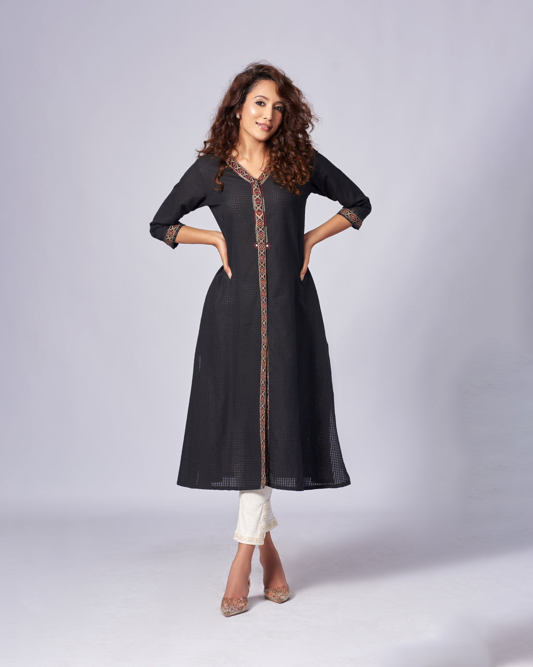 Midnight Grace – Embroidered A-Line Kurthi