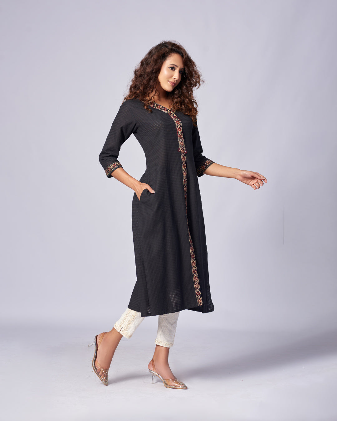Midnight Grace – Embroidered A-Line Kurthi