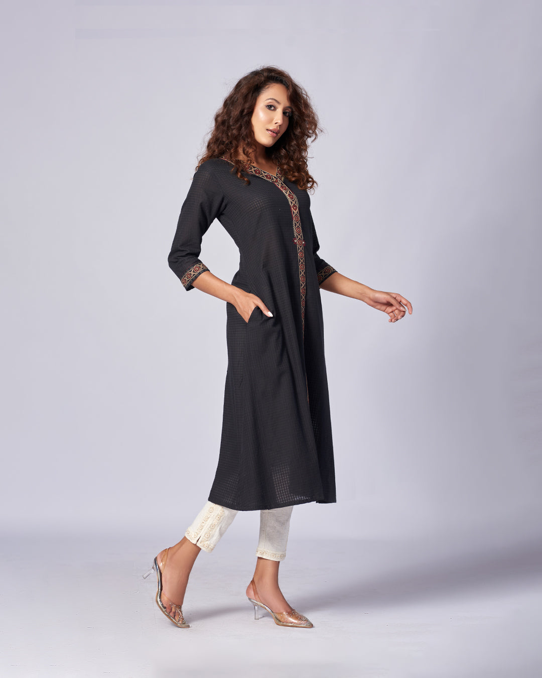 Midnight Grace – Embroidered A-Line Kurthi