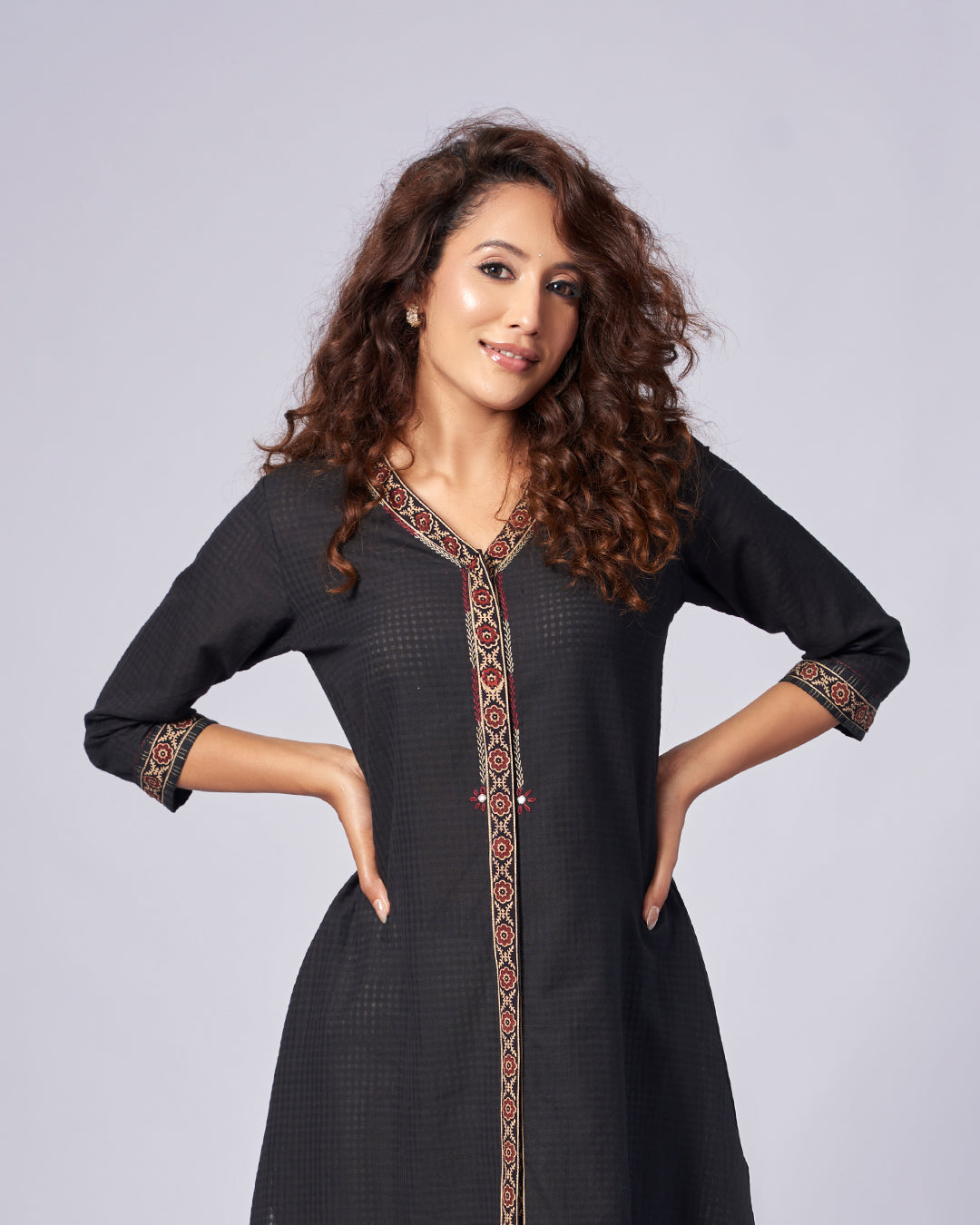 Midnight Grace – Embroidered A-Line Kurthi