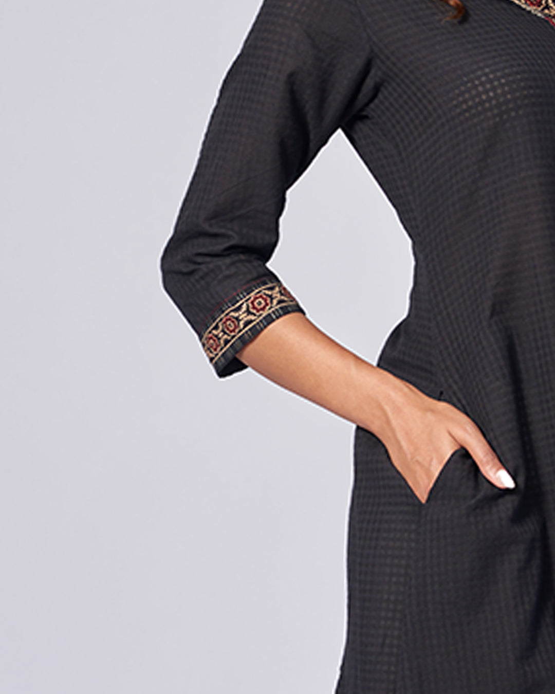 Midnight Grace – Embroidered A-Line Kurthi