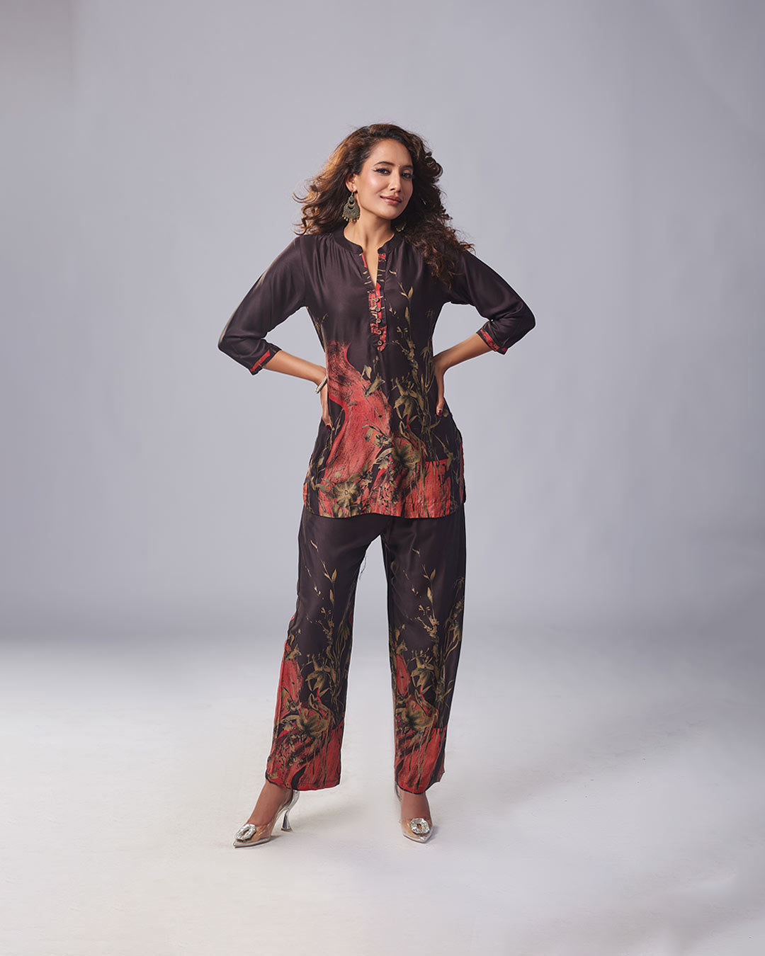Black Printed Co-Ord Set with Artistic Brush-Stroke Design