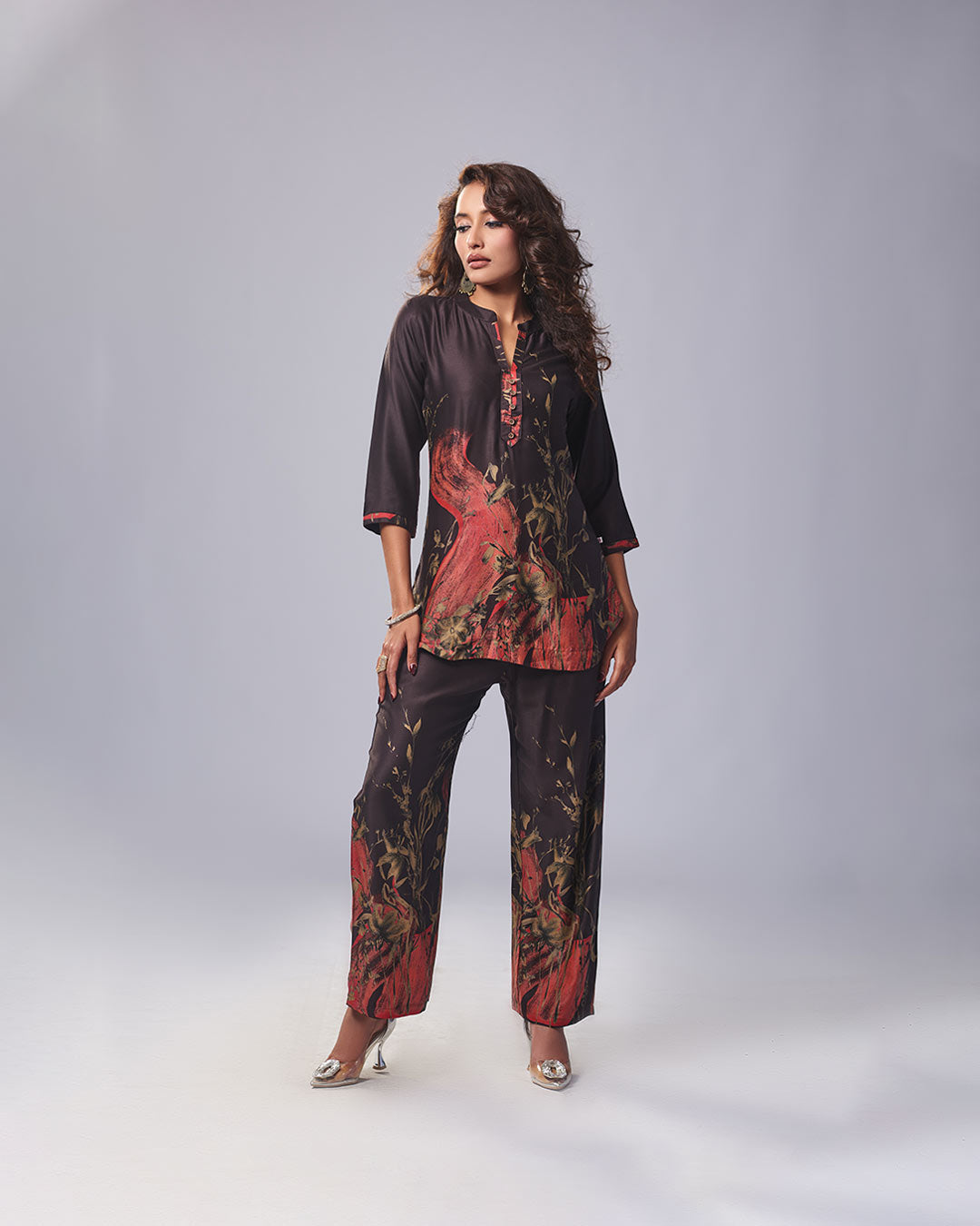 Black Printed Co-Ord Set with Artistic Brush-Stroke Design