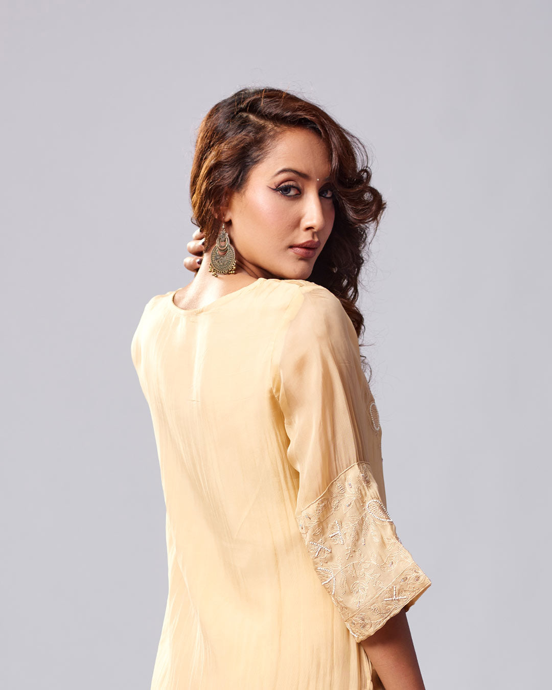 Champagne Glow Embroidered Kurthi with Pant