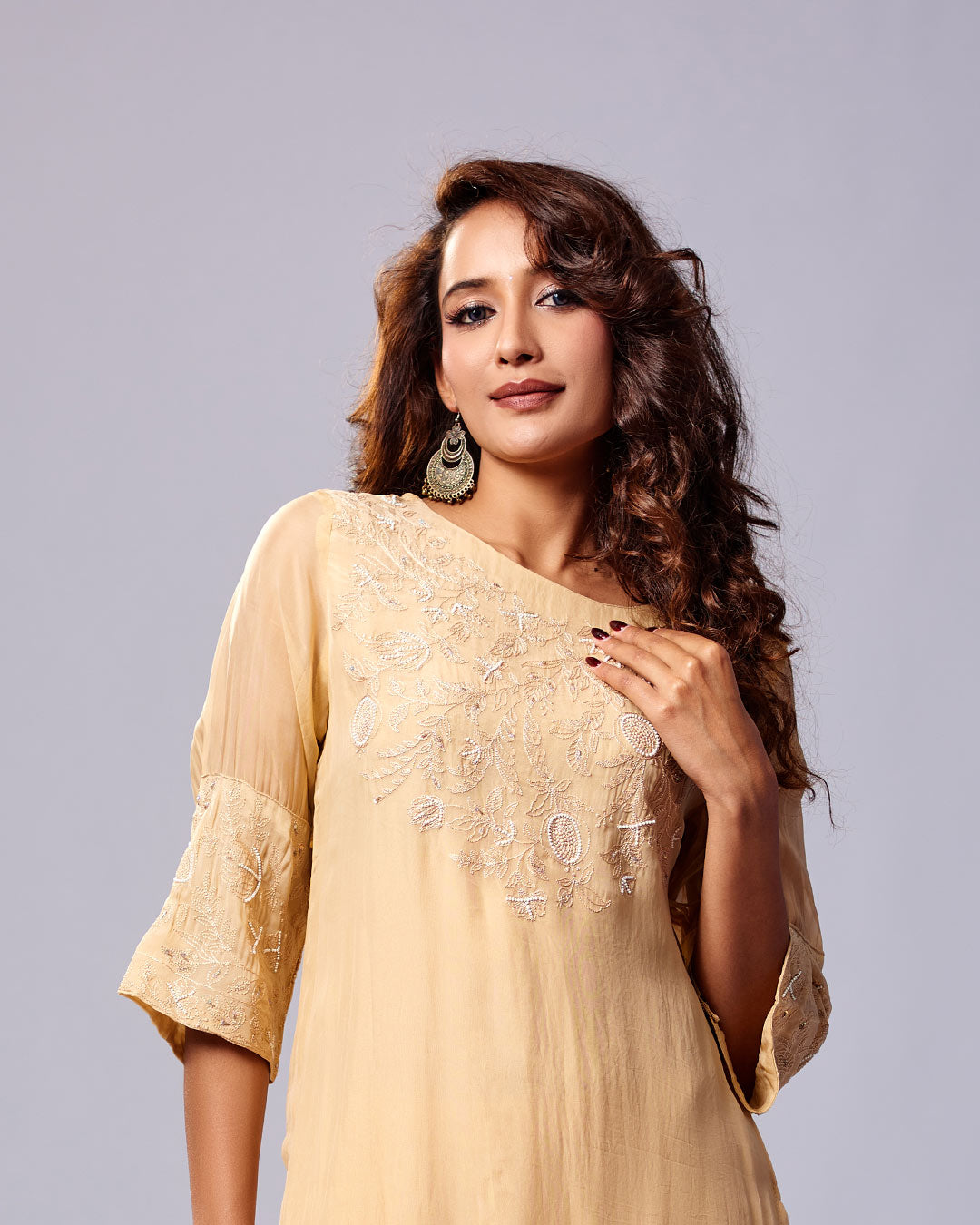 Champagne Glow Embroidered Kurthi with Pant