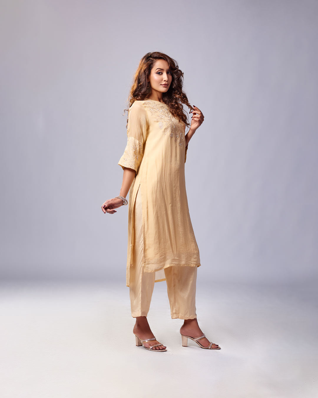 Champagne Glow Embroidered Kurthi with Pant