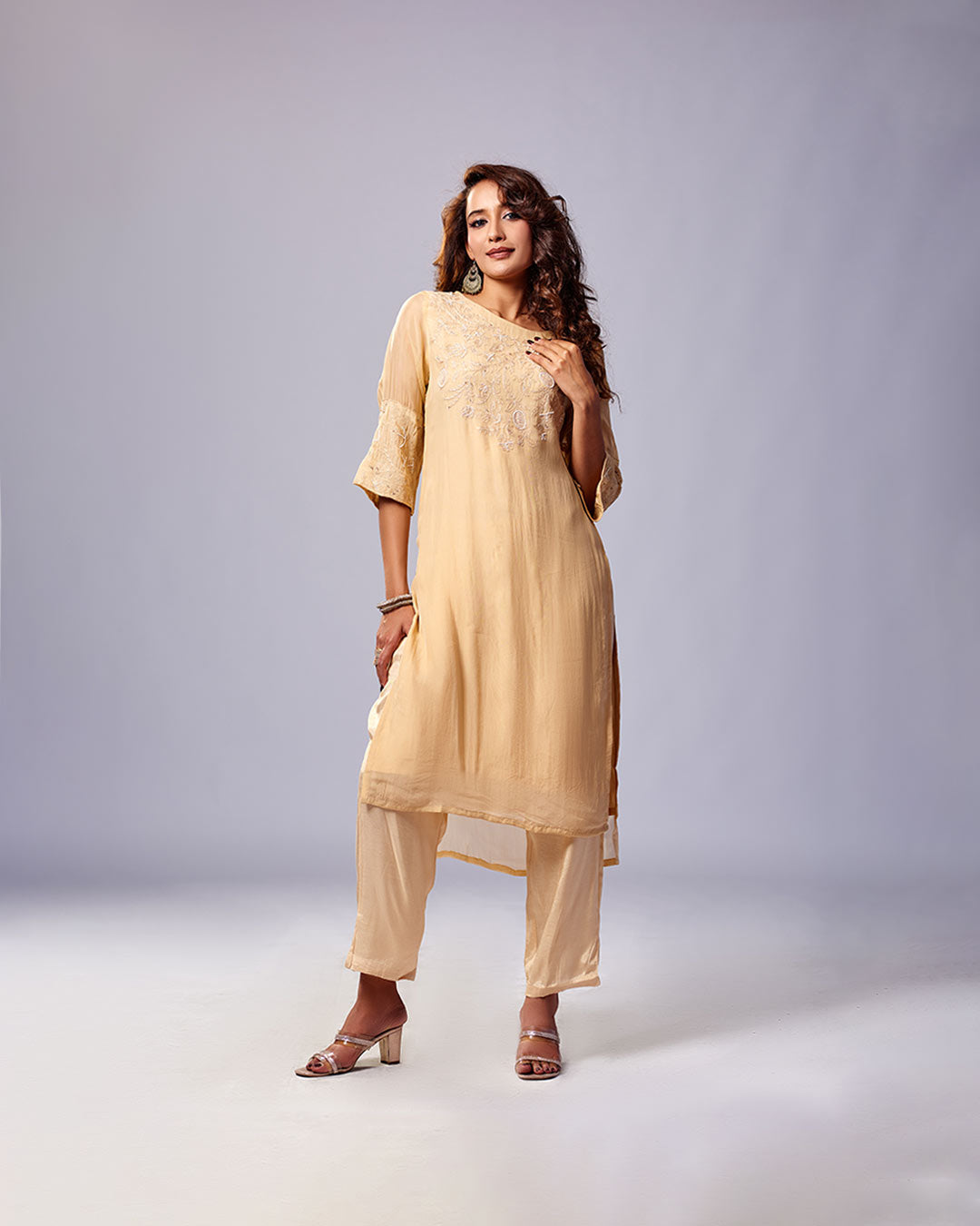 Champagne Glow Embroidered Kurthi with Pant