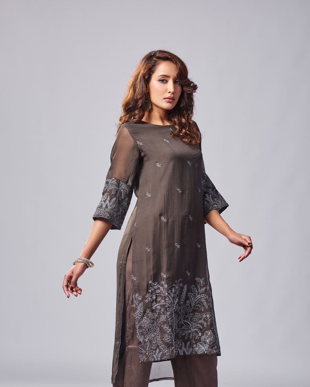Cocoa Glow Embroidered Kurthi with Pant