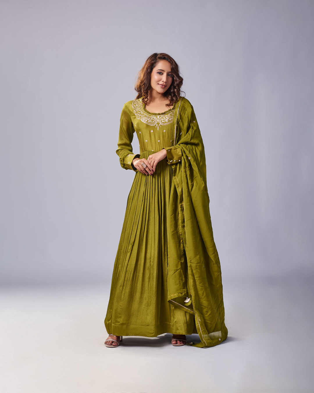 Olive Grace Embroidered Anarkali Set with Dupatta