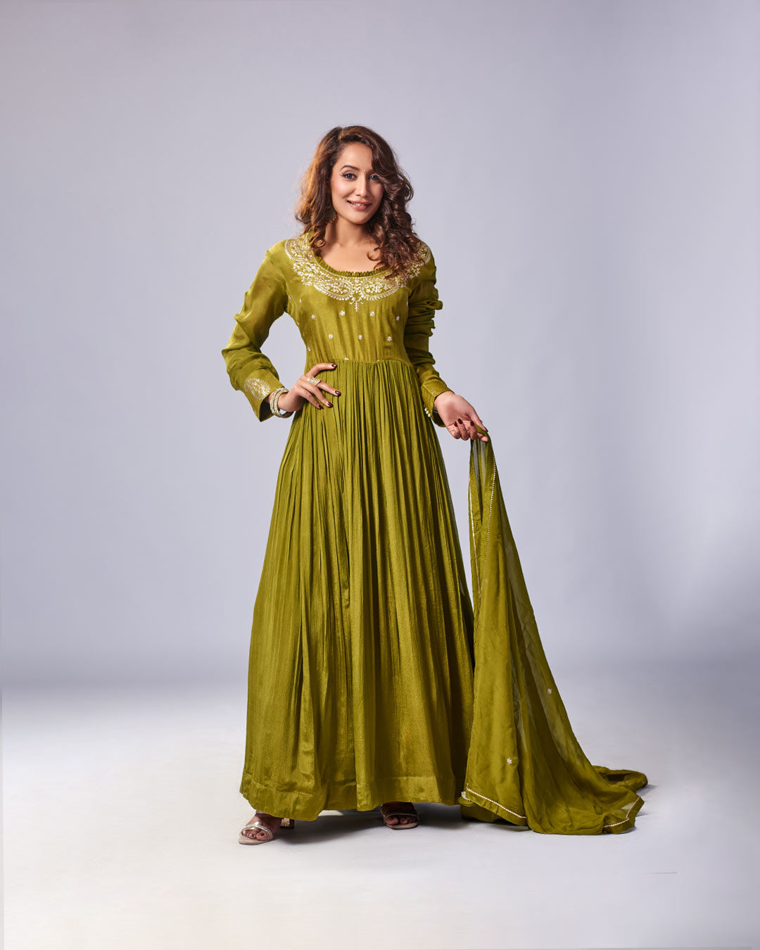Olive Grace Embroidered Anarkali Set with Dupatta