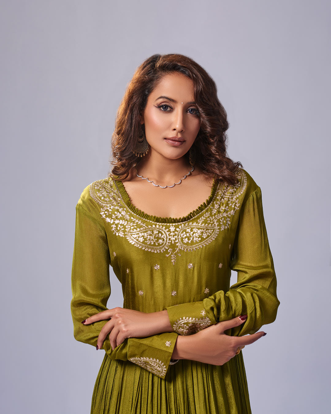 Olive Grace Embroidered Anarkali Set with Dupatta