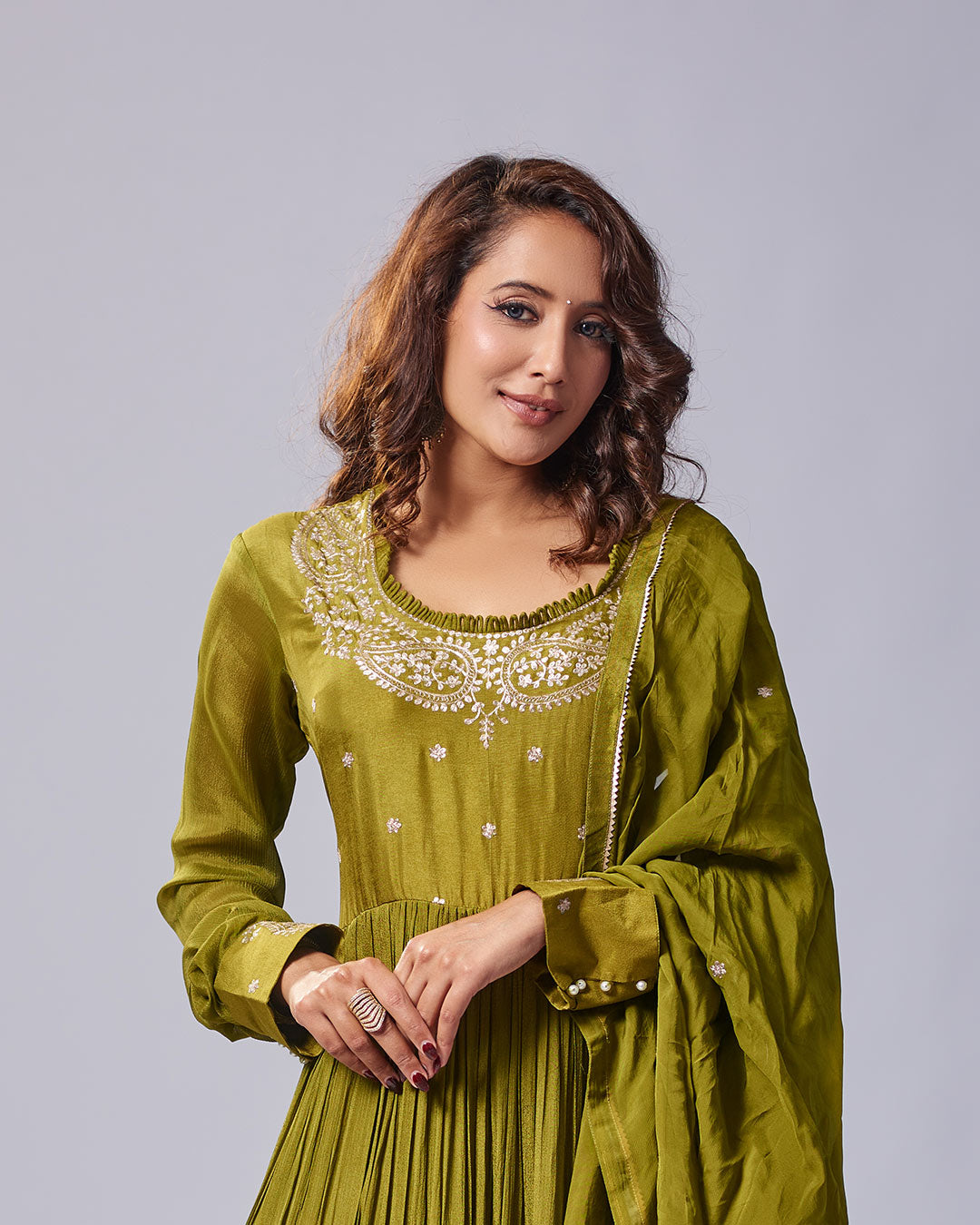 Olive Grace Embroidered Anarkali Set with Dupatta