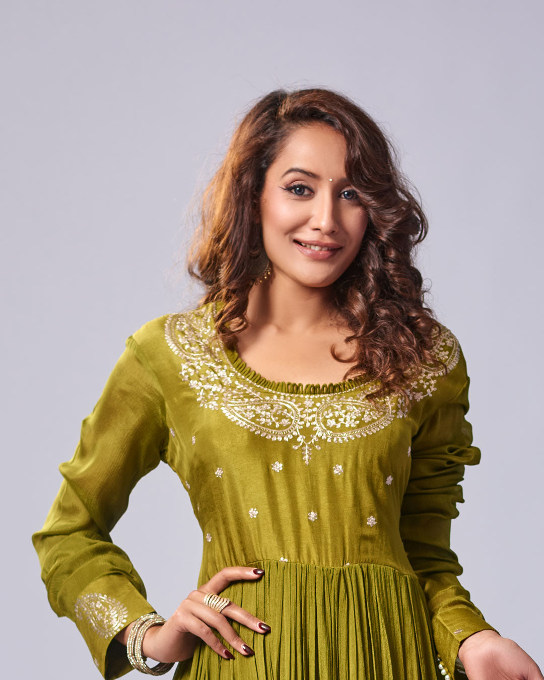 Olive Grace Embroidered Anarkali Set with Dupatta