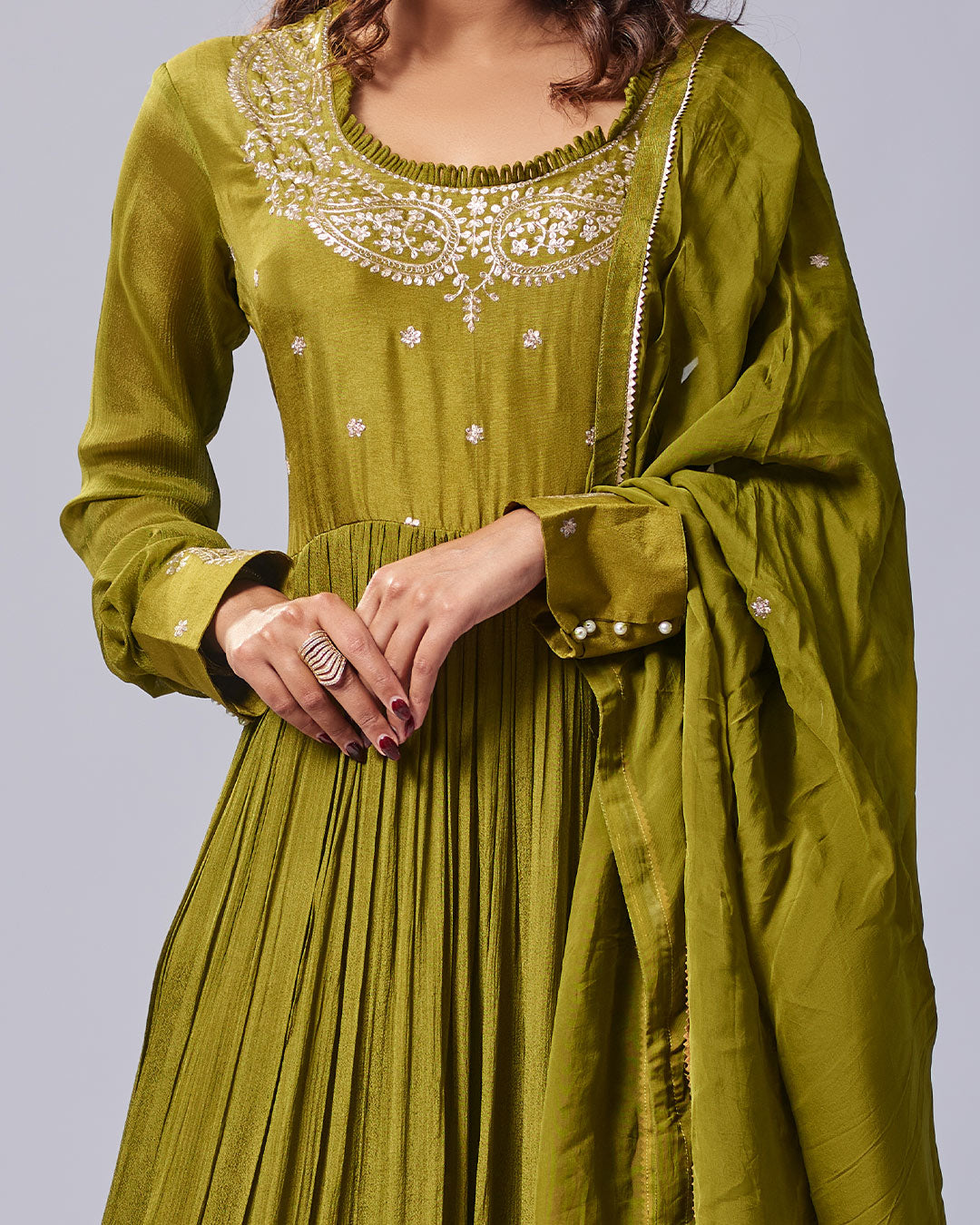 Olive Grace Embroidered Anarkali Set with Dupatta