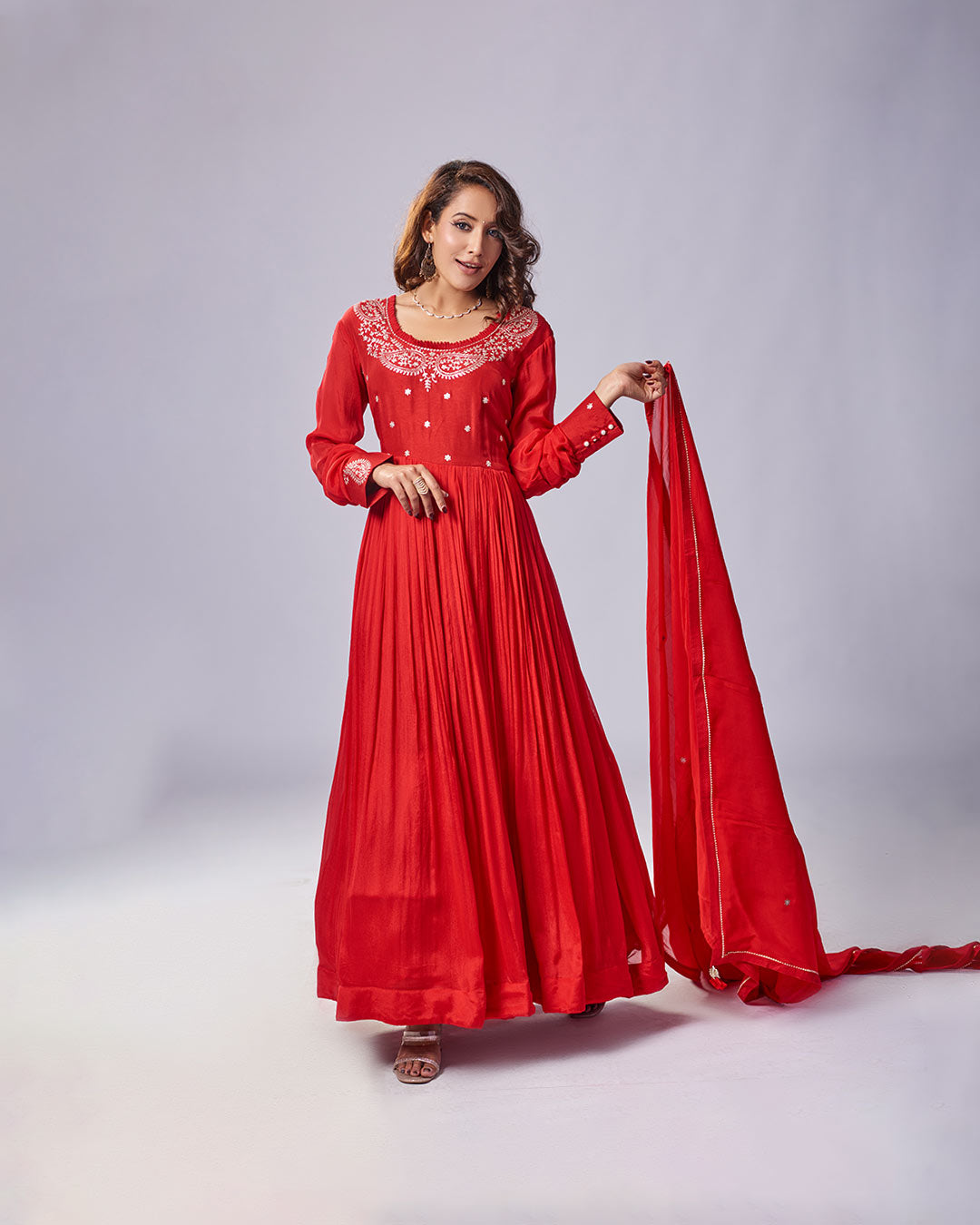 Crimson Grace Embroidered Anarkali Set with Dupatta