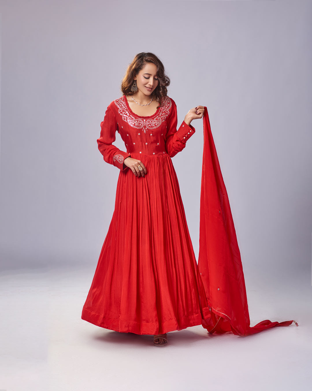 Crimson Grace Embroidered Anarkali Set with Dupatta