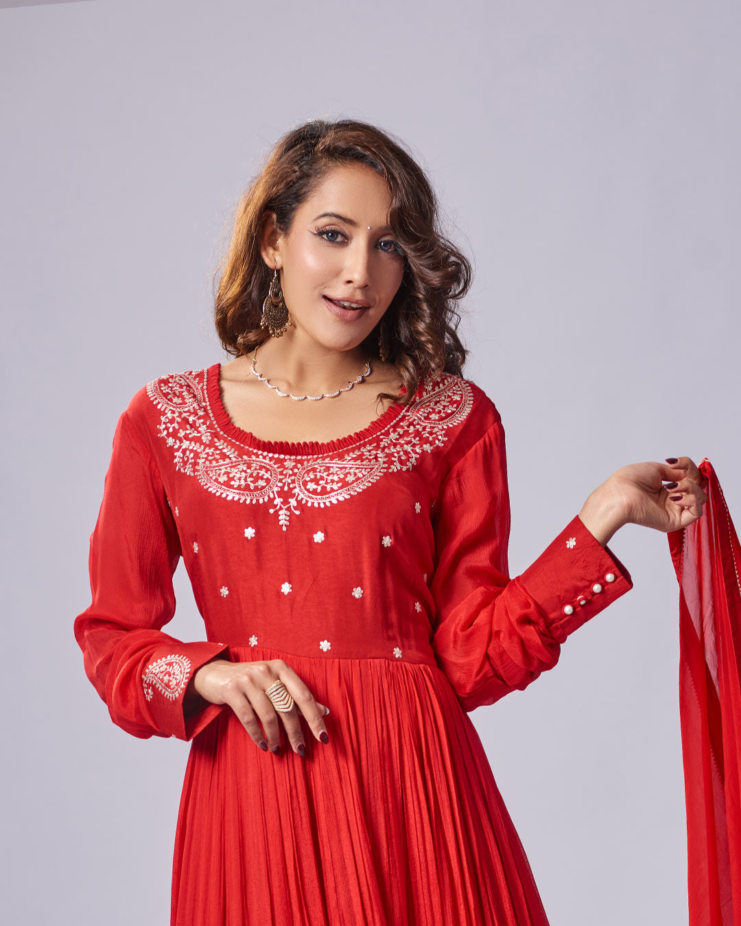 Crimson Grace Embroidered Anarkali Set with Dupatta
