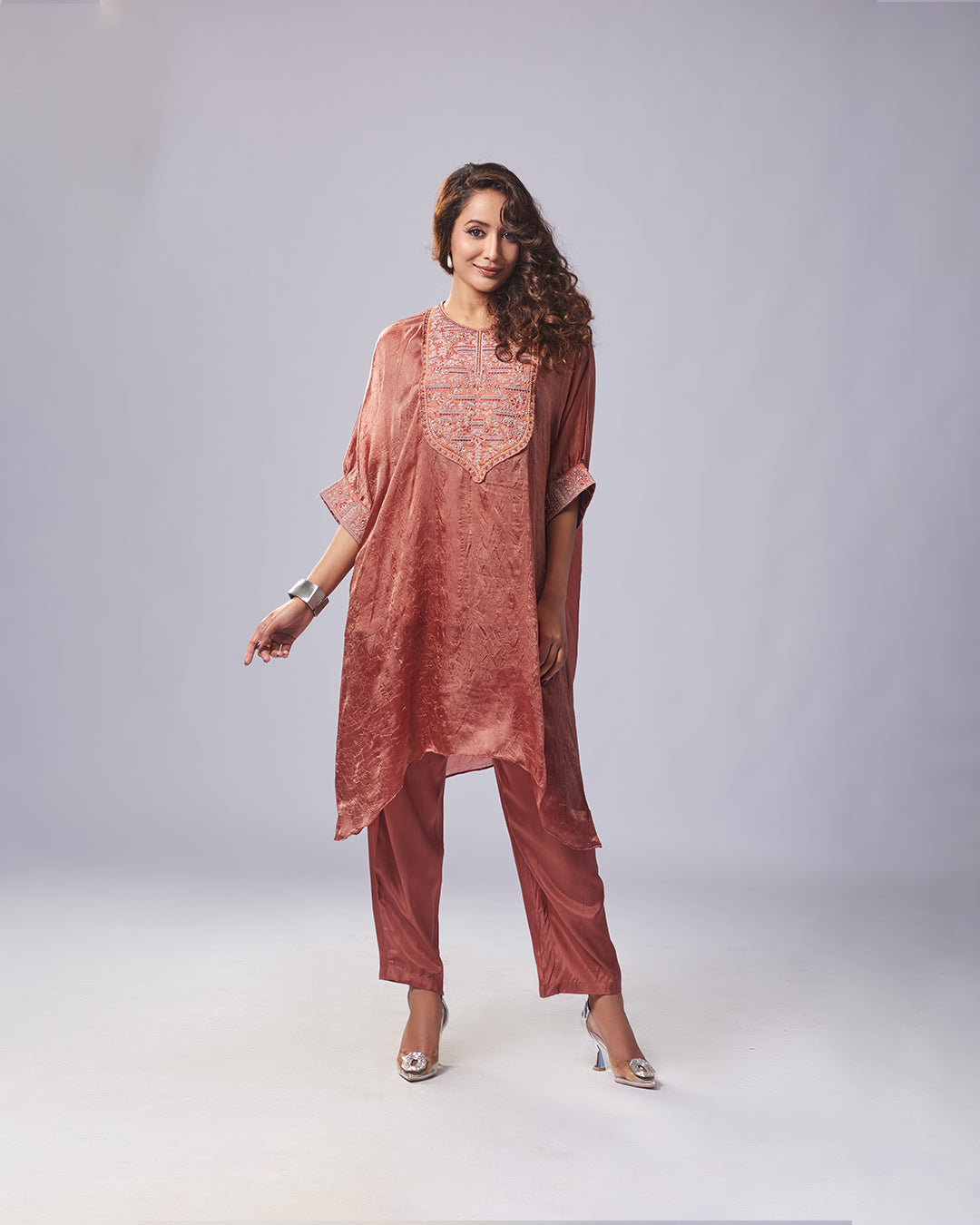 Rust Textured Embroidered Kurthi Set