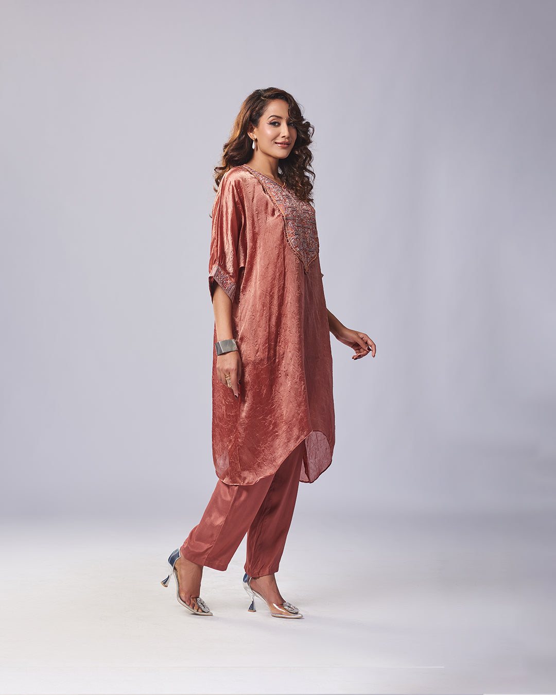 Rust Textured Embroidered Kurthi Set