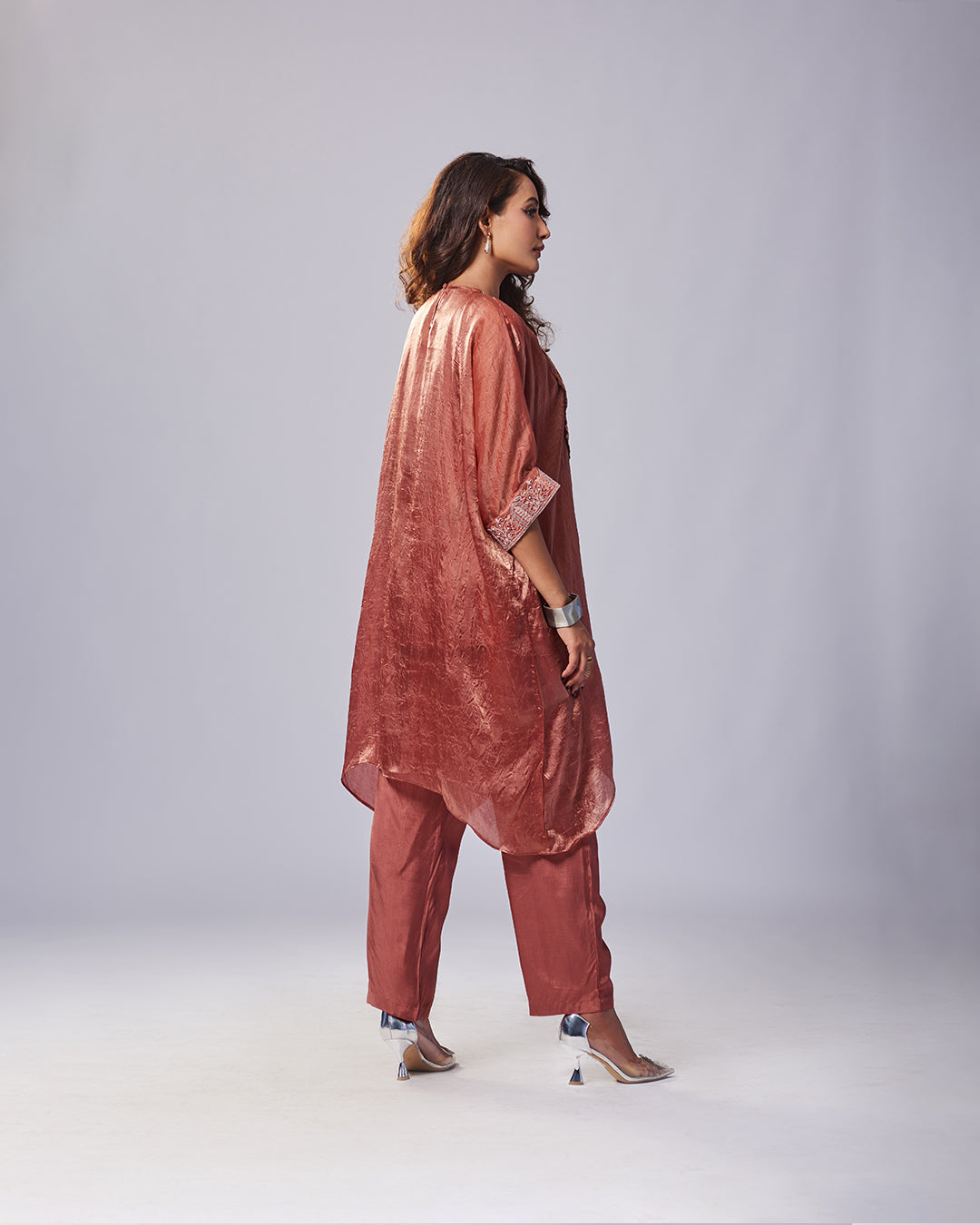 Rust Textured Embroidered Kurthi Set