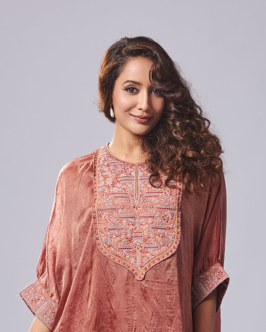 Rust Textured Embroidered Kurthi Set
