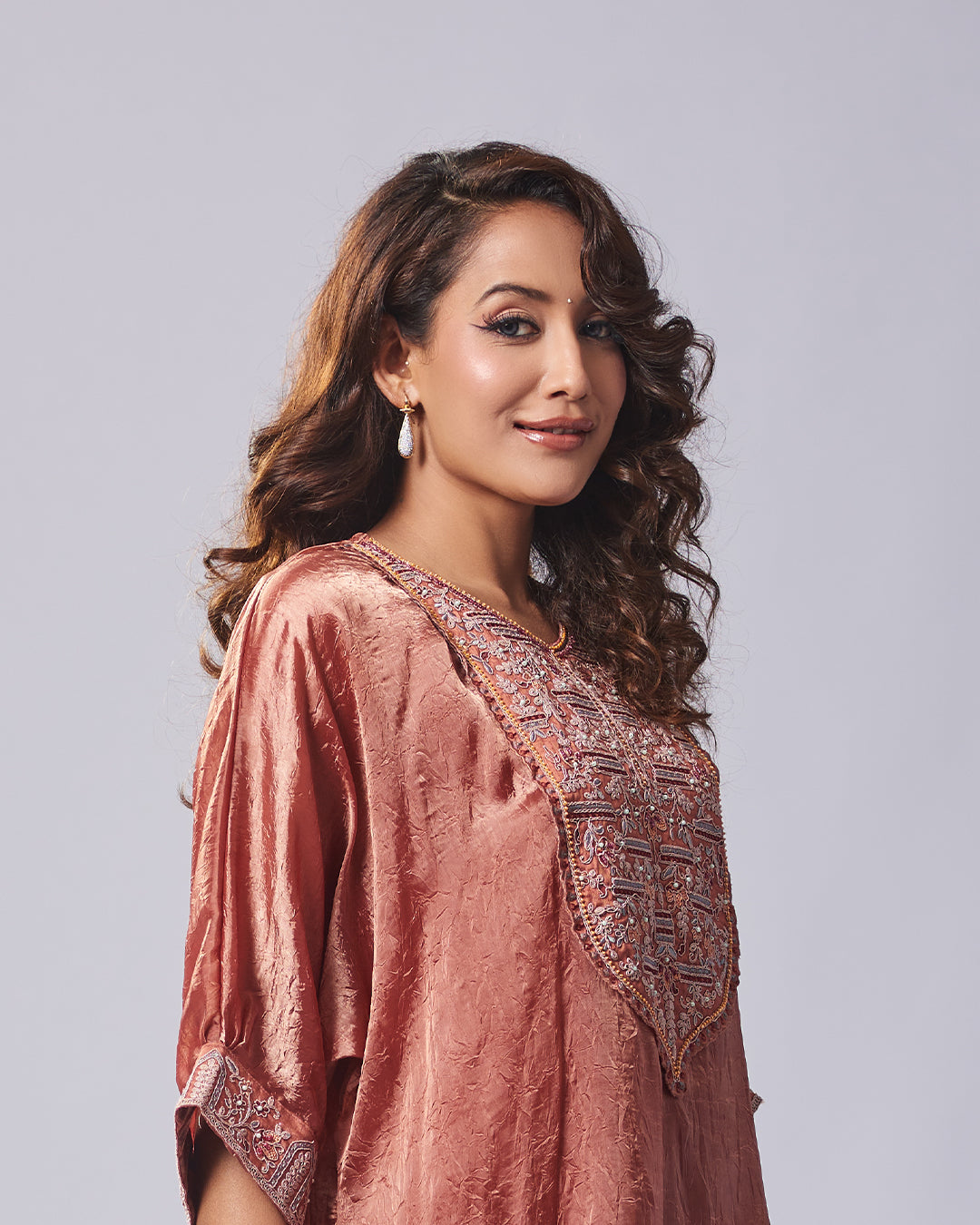 Rust Textured Embroidered Kurthi Set