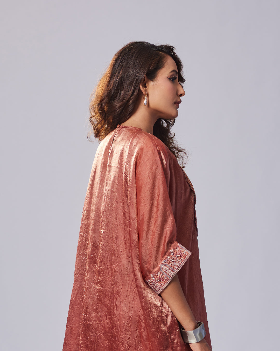 Rust Textured Embroidered Kurthi Set