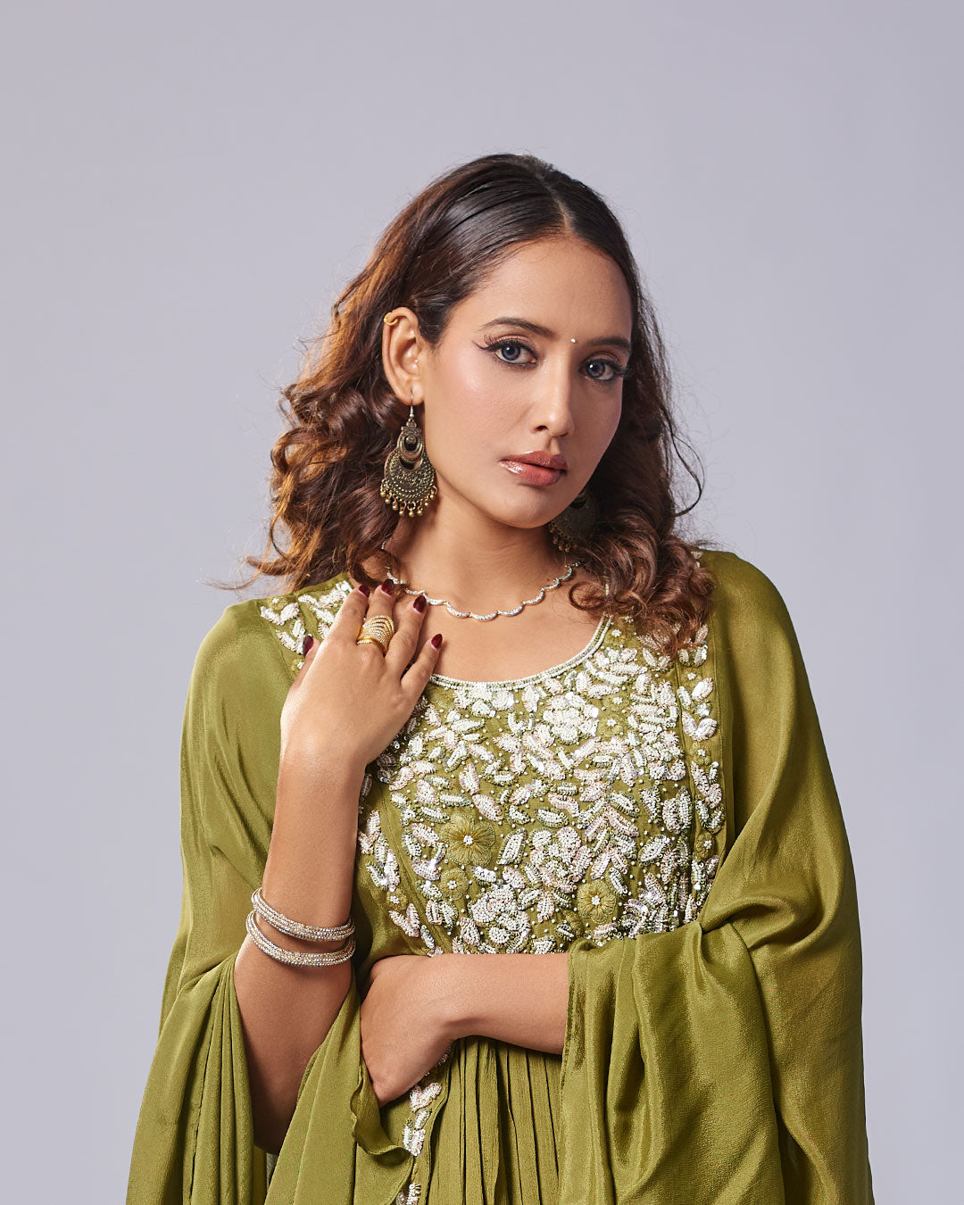 Olive Regal Embroidered Gown Set