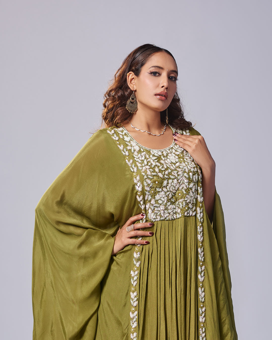 Olive Regal Embroidered Gown Set