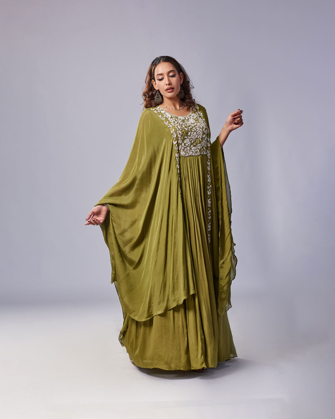 Olive Regal Embroidered Gown Set