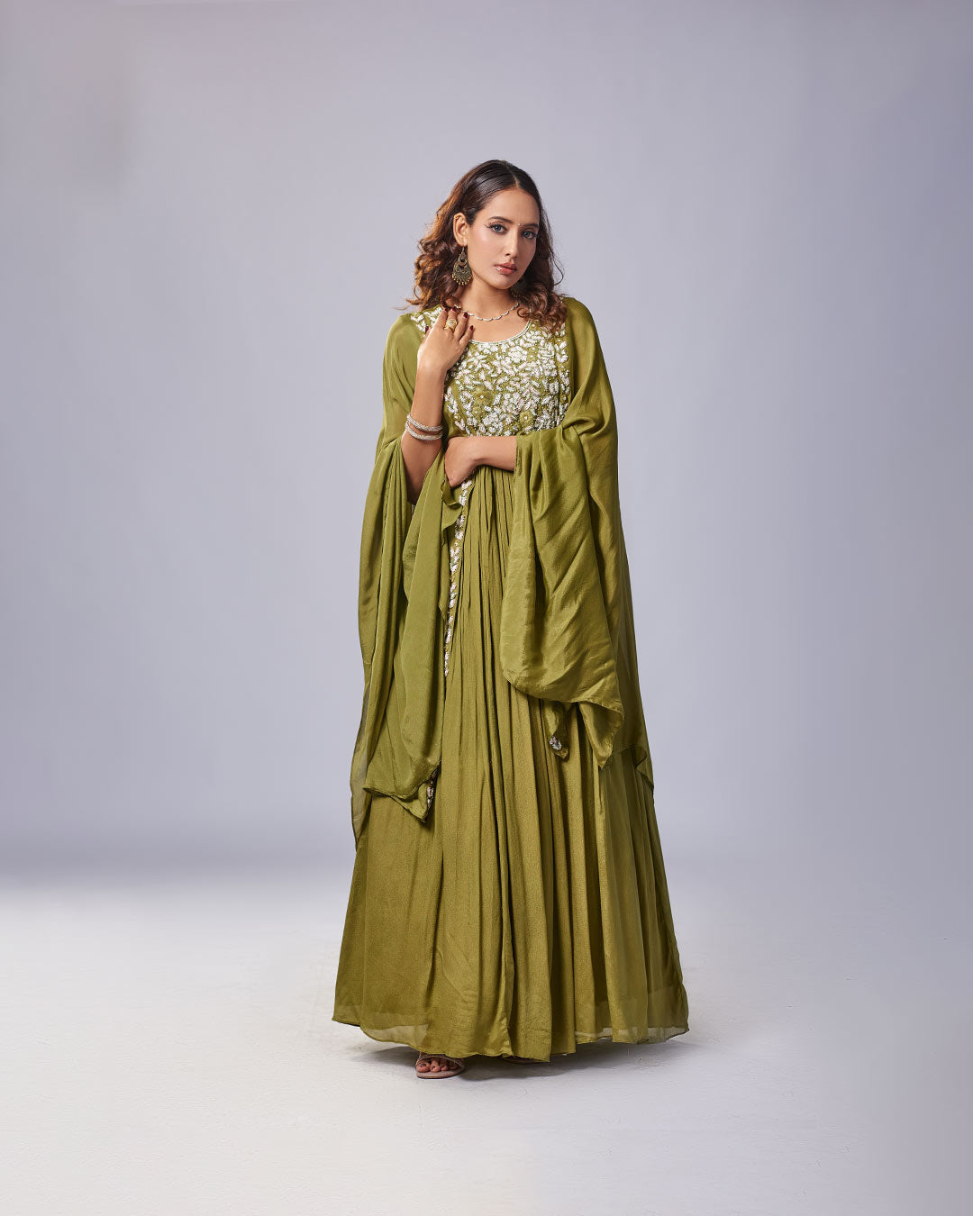 Olive Regal Embroidered Gown Set