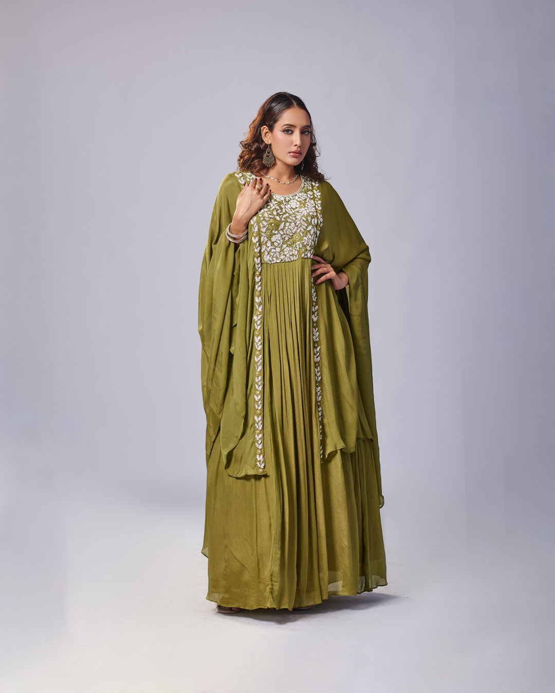 Olive Regal Embroidered Gown Set
