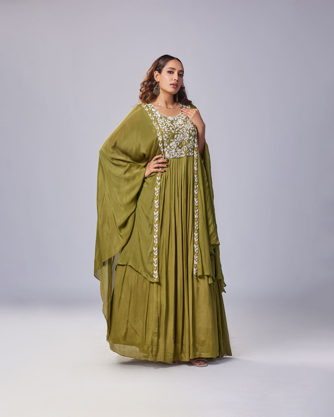 Olive Regal Embroidered Gown Set