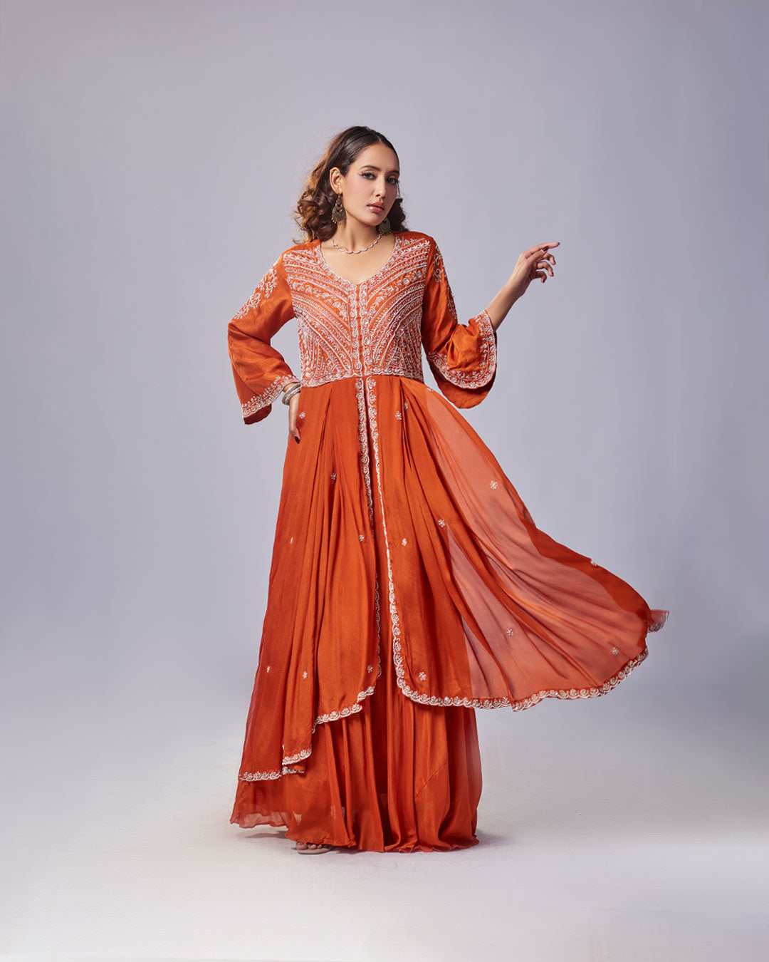 Rust Majesty Embroidered Panel Gown Set