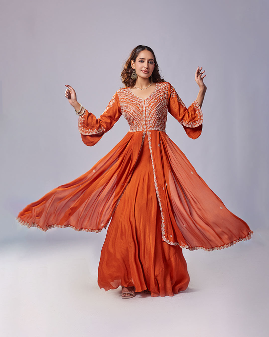 Rust Majesty Embroidered Panel Gown Set