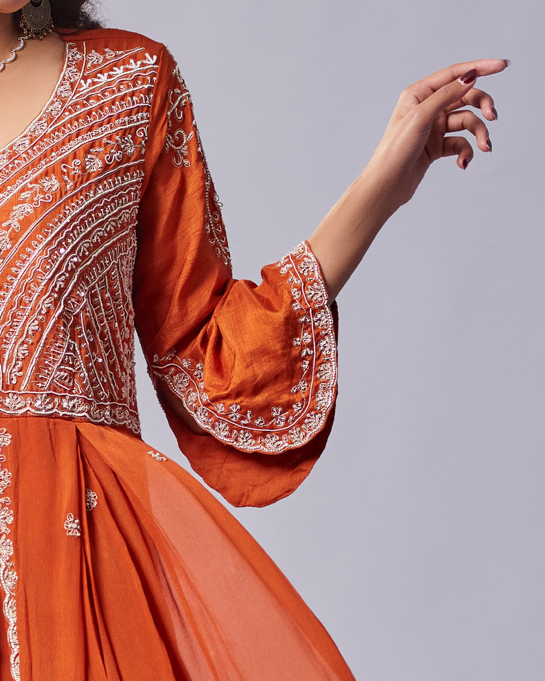 Rust Majesty Embroidered Panel Gown Set
