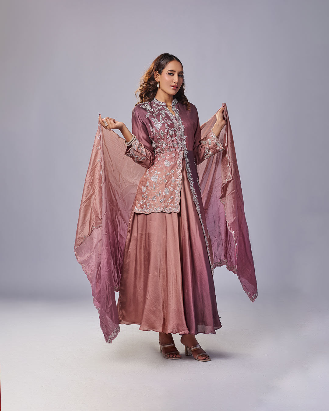 Mauve Luxe Embroidered Gown Set with Dupatta