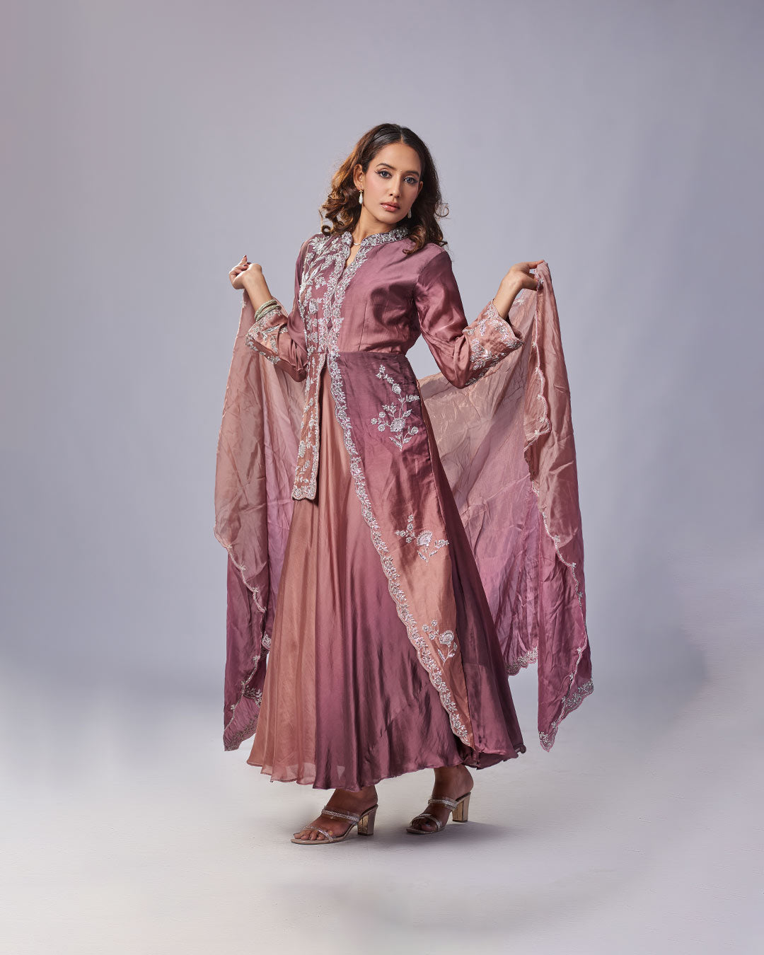 Mauve Luxe Embroidered Gown Set with Dupatta
