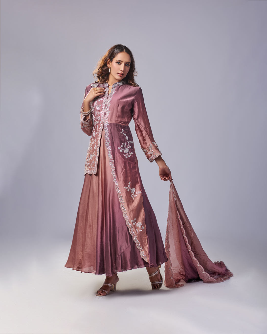 Mauve Luxe Embroidered Gown Set with Dupatta