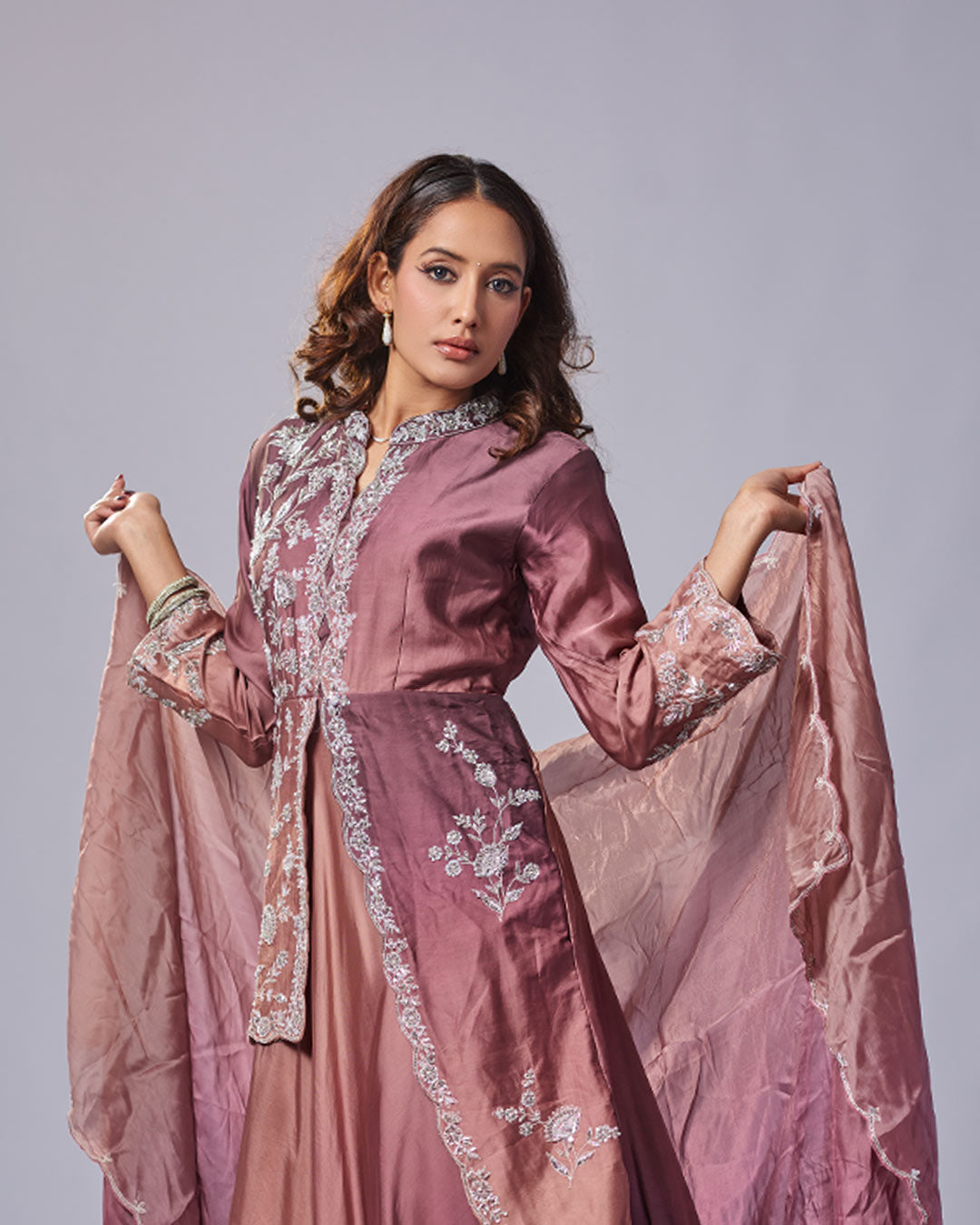 Mauve Luxe Embroidered Gown Set with Dupatta