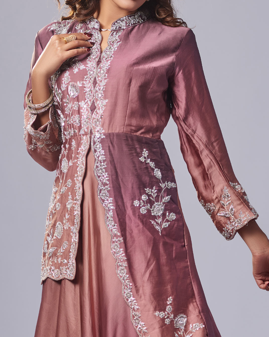 Mauve Luxe Embroidered Gown Set with Dupatta