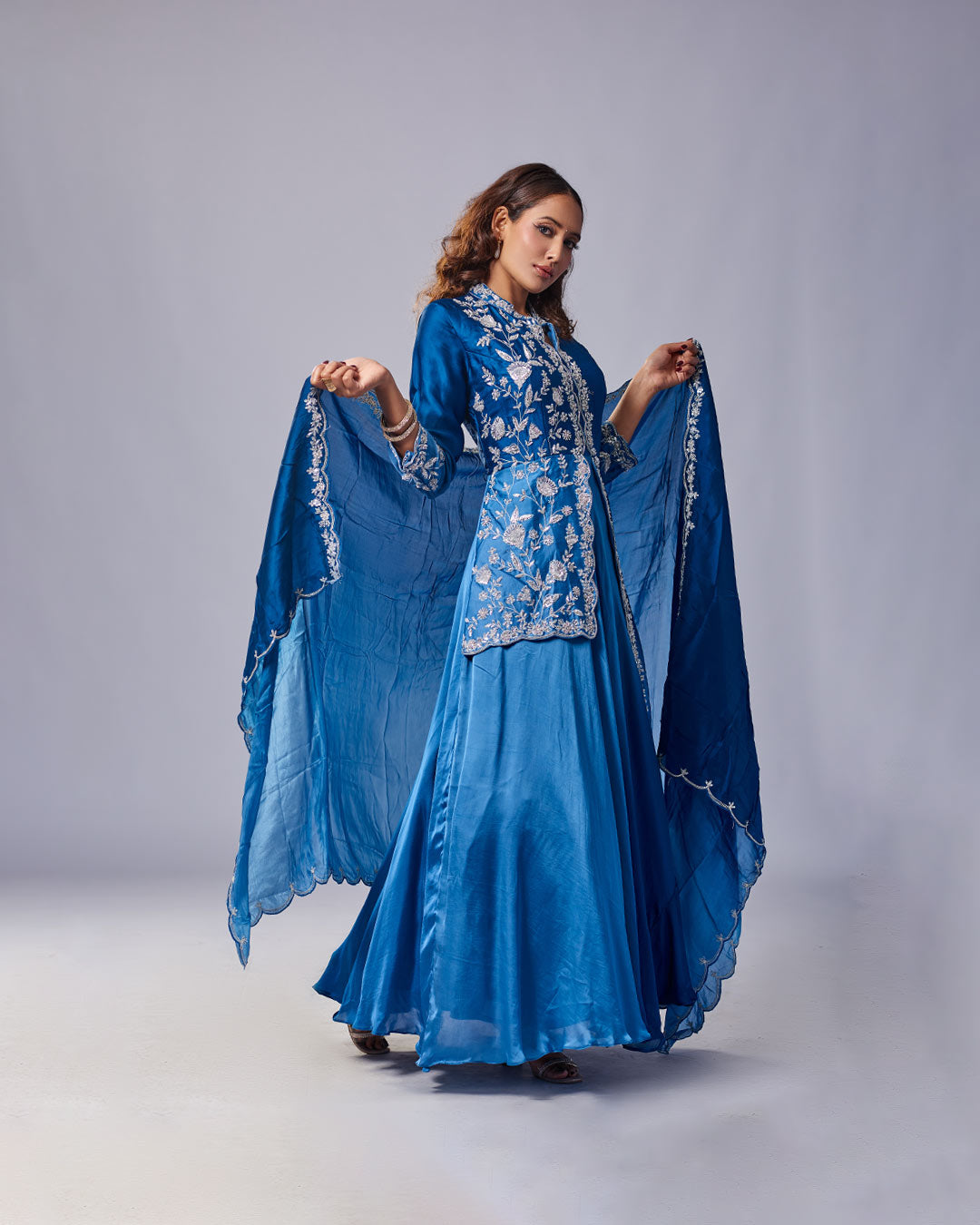 Blue Luxe Embroidered Gown Set with Dupatta – Pakistani Look