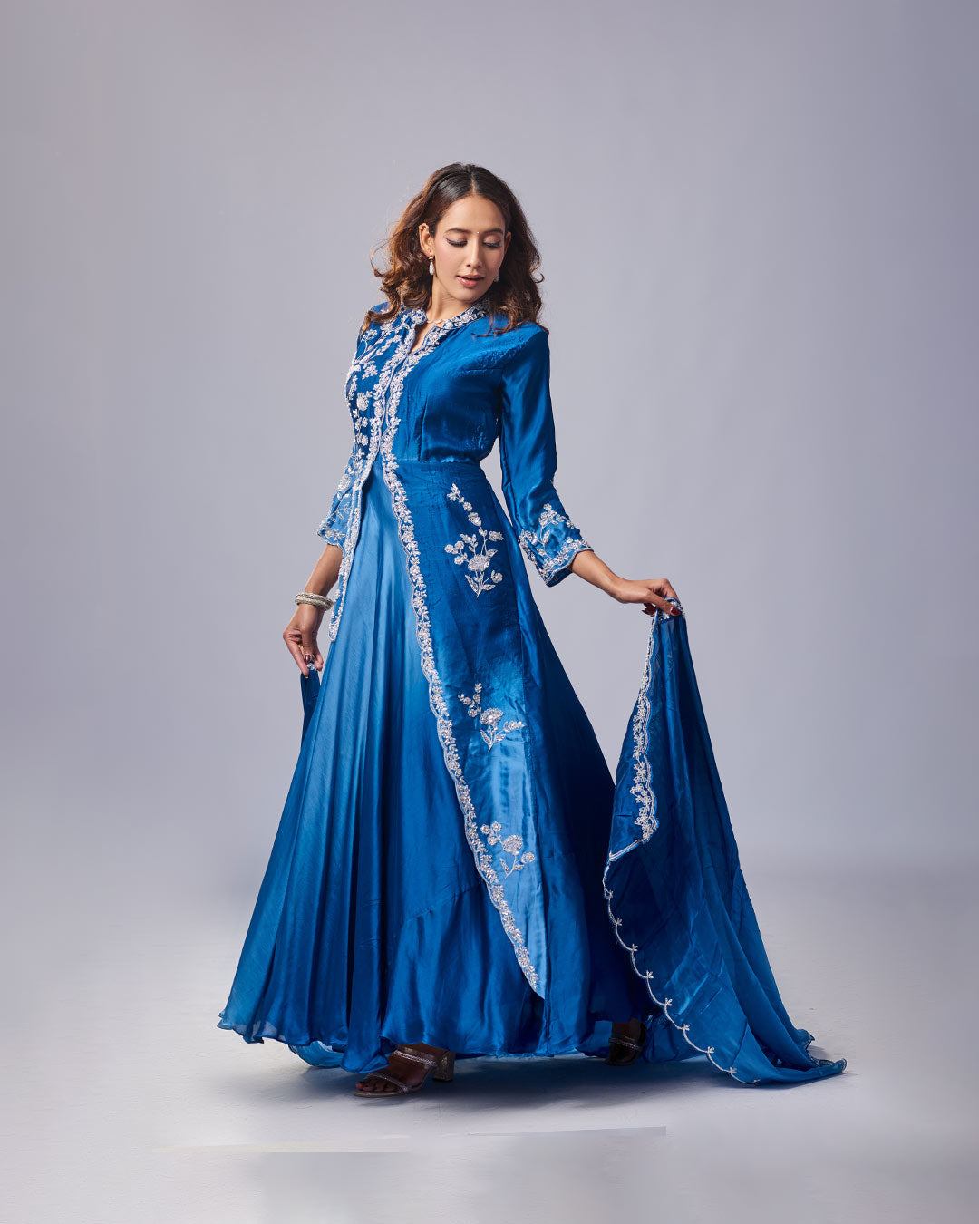 Blue Luxe Embroidered Gown Set with Dupatta – Pakistani Look