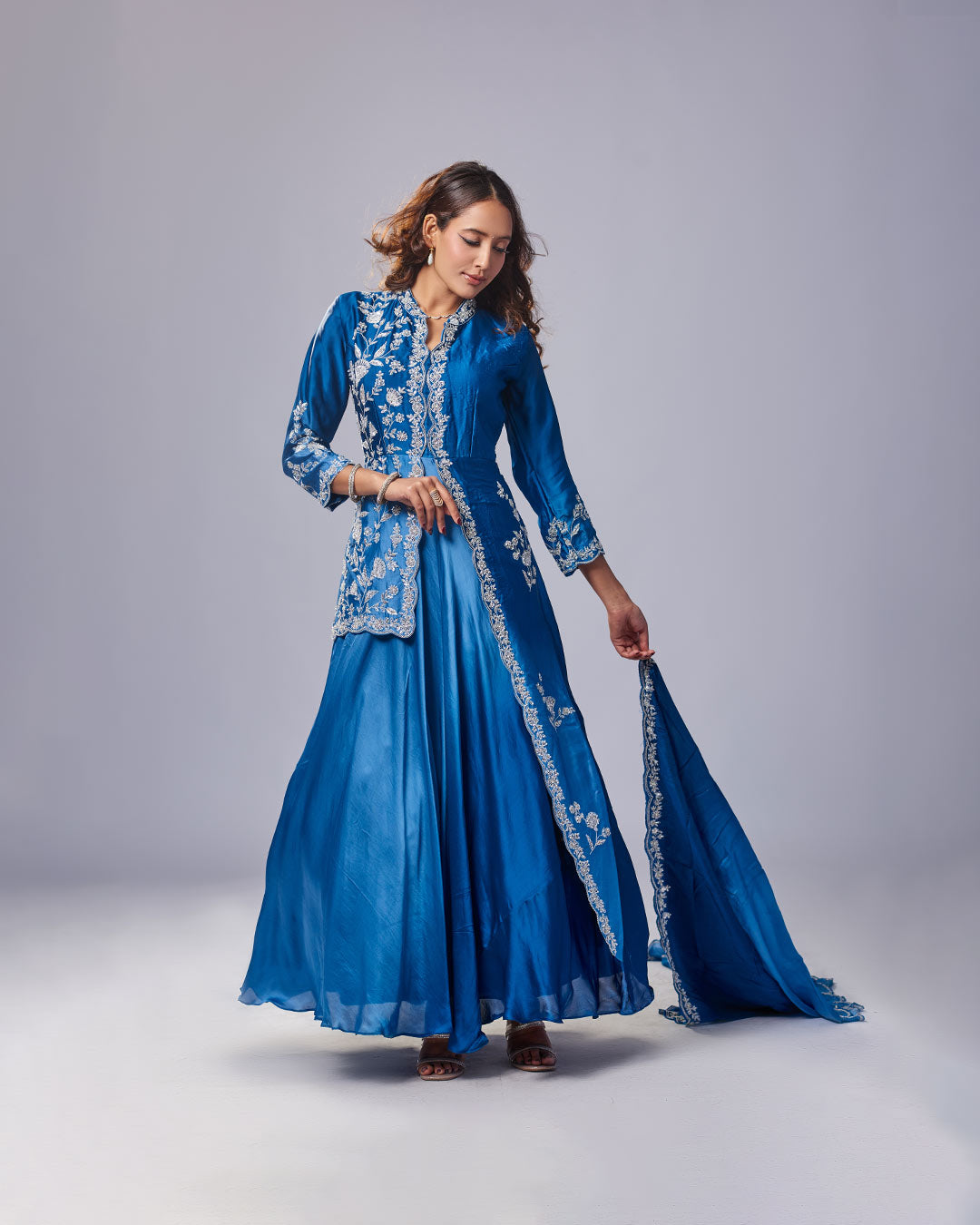 Blue Luxe Embroidered Gown Set with Dupatta – Pakistani Look