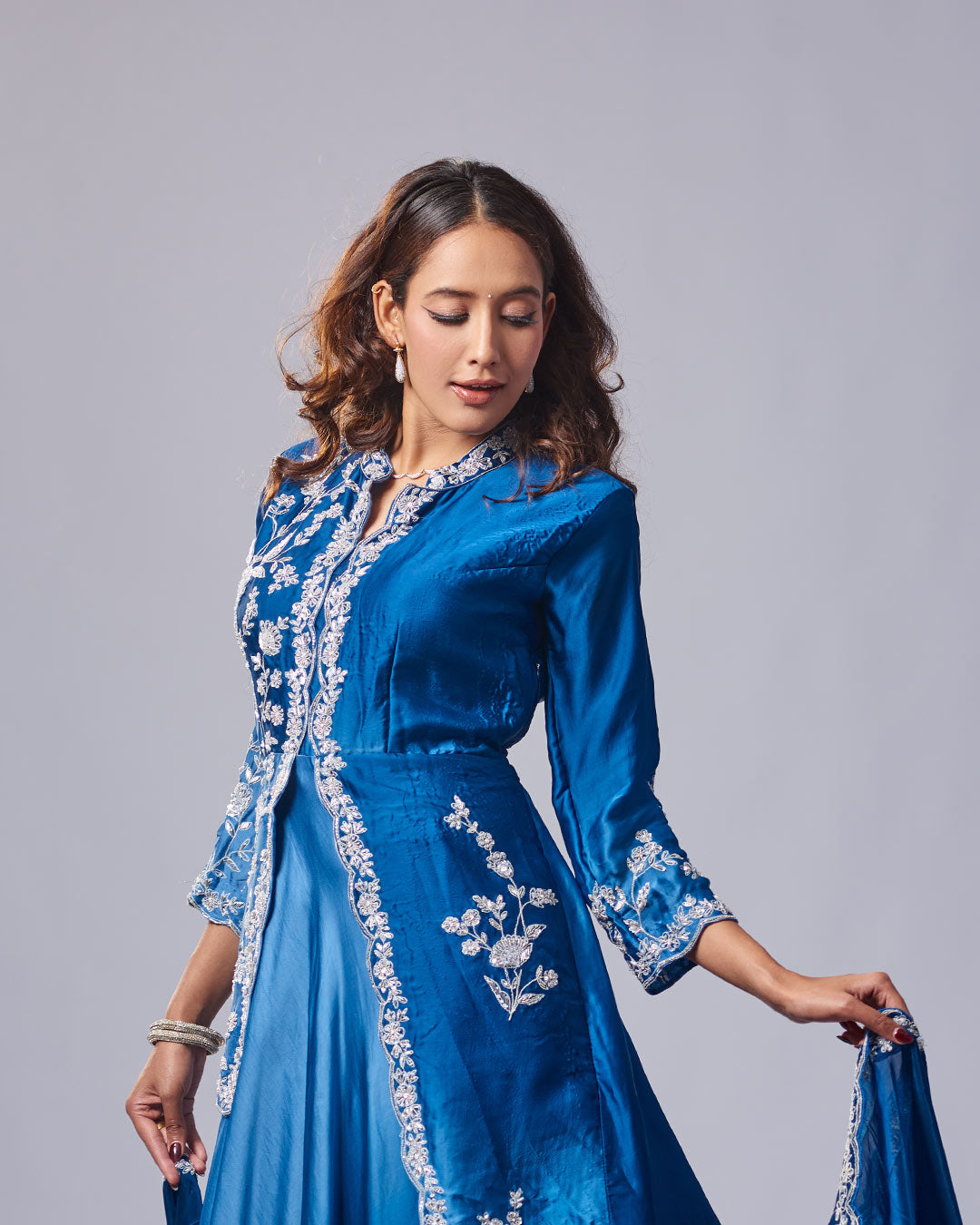 Blue Luxe Embroidered Gown Set with Dupatta – Pakistani Look